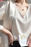 Women's Blouses New Summer Casual V Neck Basic Satin Blouse Top 2023 Loose White Office Green Silk Blouses for