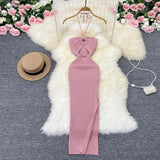 Zingj Sunshine Wind Sweet Slim Show Thin Tight Knit Dress Socialite Temperament Hanging Neck Off The Shoulder Slit