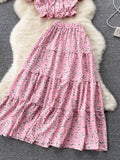Vintage Women Floral Printed Two Piece Set Casual Slash Neck Single Breasted Short Blouse + High Waist A-Line Midi