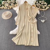 Temperament Long Knitted Shawl Coat + Light Luxury Metal Buckle Vest Dress