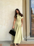 Solid Irregular Pleated A-line Maxi Dress Women Elegant Diagonal Collar Short Sleeve Robe 2024 Summer Lady Chic
