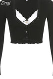 V Neck Brown Y2K Vintage Long Sleeve T-shirts Women Lace Patched Slim Basic Crop Tops Cute Buttons Up Autumn Tees