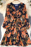 Women Floral Draped Mini Dress Bohemian Female V-Neck Puff Long Sleeve High Waist Bandage Pleated Vestido Female Robe