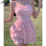 Floral Sexy Dress Women 2022 Summer Pink Sleeveless Patchwork Mini Dresses Female Elegant Party Holiday Slim Korean
