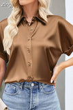 Office Lady Tops Satin Shirt Casual Fashion Women Short Sleeve Loose Blouse Turn Down Collar Button Clothes Elegant