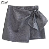 New Women High Street Bow Decoration Texture Purple Shorts Skirts Lady Zipper Fly Hot Shorts Chic Pantalone Cortos