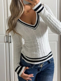 V-Neck Long-Sleeved Women's Autumn And Winter Slim Thin Knitted Jersey
