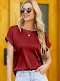 Summer Tops Woman Short Sleeve Silk Blouse Loose Casual O-Neck Solid Shirts Fashion Satin Clothing Elegant
