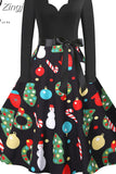 Women Christmas Dress Long Sleeve Vintage Elegant V Neck Print Big Swing Party Xmas New Year Winter Clothes S~3XL