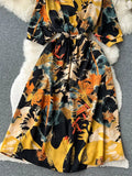 Women Vintage Printed Dress Elegant V-Neck Puff Sleeve High Waist A-Line Midi Robe Female Vacation Beach Vestidos