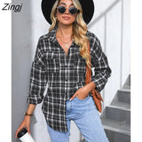PETAL Black Plaid Long Sleeve Blouse For Woman Casual Pockets Button Up Shirts Top 2023 Spring Autumn Blouses
