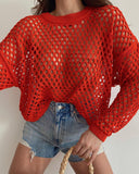 Spring And Summer New Knitted Shirt Horn Sleeve Loose Round Collar Hollow Sweater