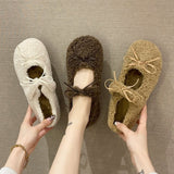 Zingj Knot Lamb Wool Wool Shoes Women Wear 2023 Winter New Flat Shallow Mouth Bean Shoes And Wool Cotton Floating Shoes-Outfit