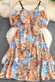 Vintage Slash Neck Off Shoulder Printed Dress Elegant Puff Short Sleeve High Waist A-Line Spaghetti Strap Vestidos