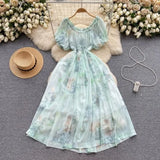 Summer New Irregular Dye Printing Short-Sleeved Sleeves Holiday Bubble Sleeves To Reduce The Age Of French Dress