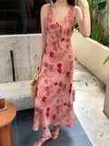 Xixi 2025 Summer New Korean Version Of High-Waisted Holiday Sling Dress V-Neck Print Pure Desire Skirt