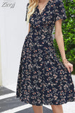 Women Summer V Neck Casual Beach Dress 2023 Elegant A Line Floral Print Midi Short Sleeve Split Party Holiday Dress Robe