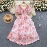 Summer New Irregular Dye Printing Short-Sleeved Sleeves Holiday Bubble Sleeves To Reduce The Age Of French Dress
