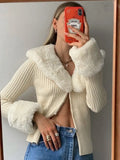 Knitted Cardigans Sweater Women Fur Trim Collar Slim 2021 Autumn Winter Casual Cotton Jumpers Y2K Button Top