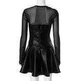 Black Long Sleeve Mesh PU Leather Mini Dress- Outfit