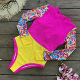 2025 New Swimsuit Solid Color Print Splicing Long-Sleeved Surfsuit Sexy Bareback Swimsuit Woman