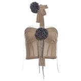 2024 Summer New Women's Three-Dimensional Flower Decoration Wrapped Chest Umbilly Vest Mesh Half-Dress