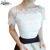 Casual Sexy Women Tops And Blouses Short Sleeve Hollow Out Fashion Elegant Blouses Women Ladies Lace Patchwork Blouse