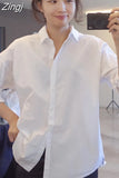 2023 Women's Cotton Shirt Button Up Loose Long Sleeve Korean Fashion Turn-down Collar Casual White Oversize