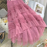 Tulle Long Skirt Women Vintage Gothic High Waist Midi Skirt Korean Style Soft Mesh Fluffy Tutu Skirt Female Jupe
