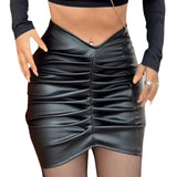 Zingj Color Pleated PU Wrap Hip Skirt Women's Short