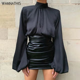 Black Lantern Sleeve Hight Neck Satin Blouse Women Slim Solid Ruched Cropped Elastic Fashion Spring Elegant Ladies