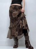 New Vintage Niche Retro Print Double-Layer Waveside Low-Rise Thin Half-Dress