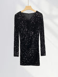 Zingj Lined Elegant French V Collar Sequin Wrapped Hip Skirt Slim Pleated Long Sleeve Skirt Gold Wind Velvet
