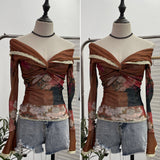 Oil Painting Print Collar A Word Twisted Folded Short-Sleeved Trumpet Blouse
