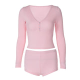 Zingj Women's Sexy Low Cut V-Neck Tight Long Sleeve Top Fashion Sporty Short Shorts Two-Piece