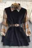 Winter Knitted Vest Two 2 Piece Set Women Long Sleeve Plaid Shirt Sleeveless Sweater Tops Suits Womens Shirts Sets