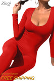 Women Yoga Jumpsuits Workout Ribbed Square Neck Long Sleeve Bodycon Rompers Sport Jumpsuits Skinny