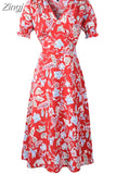 Women Summer Chiffon Midi Dress 2023 Floral Print V Neck Puff Short Sleeve A-Line Elegant Vintage Boho Beach