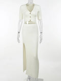 Knit 2 Piece Set Chic Women Button V Neck Short Sleeve Waist Tops Button Skirt Sexy Holiday Split Elegant New Year