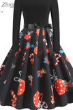 Women Christmas Long Sleeve Print Elegant Vintage Knee-length Party Dress Robe Autumn Winter Casual Xmas