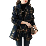 Autumn And Winter New Fashion Korean Loose Thin Retro Lattice Splicing Hundred Suit Collar Hair Coat