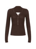 Lace Paneled Button Long Sleeve Knit Top- Outfit
