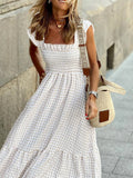 Strap Dress Women Summer Plaid Boho Long Dress Ldies Elegant Square Collar Maxi Beach A-line Sleeveless Dress