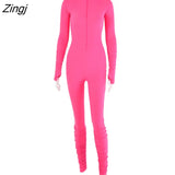 Turtleneck Zipper Skinny Jumpsuit Women Long Sleeve One Piece Neon Orange Bodysuit Female Running Fitness