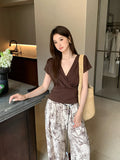 Xixi 2025 Summer New Korean Version Of Elegant Temperament V Collar Cross Thin Silk Shirt Women's Top