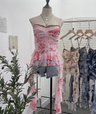 Real Shooting Atmosphere Feels A Mesh Yarn-Print Sling Vest Irregular Ribbon Splicing Lace Sleeveless Top