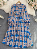 Vintage Women Printed Dress Female Elegant Stand Collar Lantern Long Sleeve High Waist A-Line Midi Vestidos New