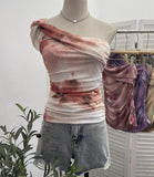 Yarn Printed Slanted Shoulder Sling Vest Retro Design Folding Temperament Short Blouse