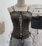 Babes Hollow Strapped Braped Pu Skin Top Female Tight Sexy Short Hanging Neck Vest