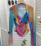 Tie-Dye-Print Long Sleeve Bottom Sexy Hottie V-Neck T-Shirt Folded Slimming Mesh Yarn Top